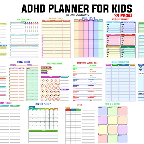 ADHS-Planer für Kinder, DHD-Bewältigungsfähigkeiten druckbar, Kinder-ADHS-Planer, Monatsdiagramm, Passwort-Tracker, Hausaufgaben-Checkliste, Schuldiagramm