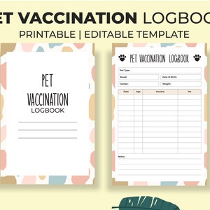 Huisdiervaccinatiegeschiedenis Afdrukbaar formulier voor eigenaren van gezelschapsdieren | Dierenrapport | Vaccin logboek | Gezondheidslogboek voor huisdieren | Puppyvaccinatie | Dierenverzorging