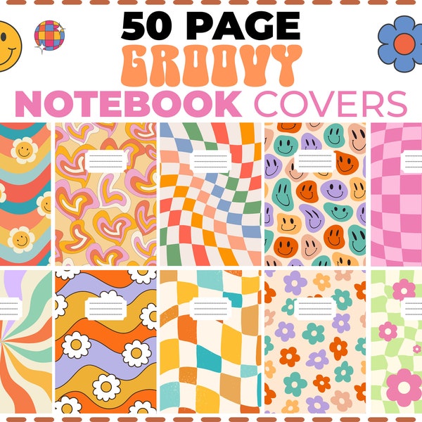 50 Groovy Digital NoteBook Covers | Digital Notebook Good Notes Cover | Colourful Retro Digital Notebook Cover | Aesthetic Groovy Wallpaper
