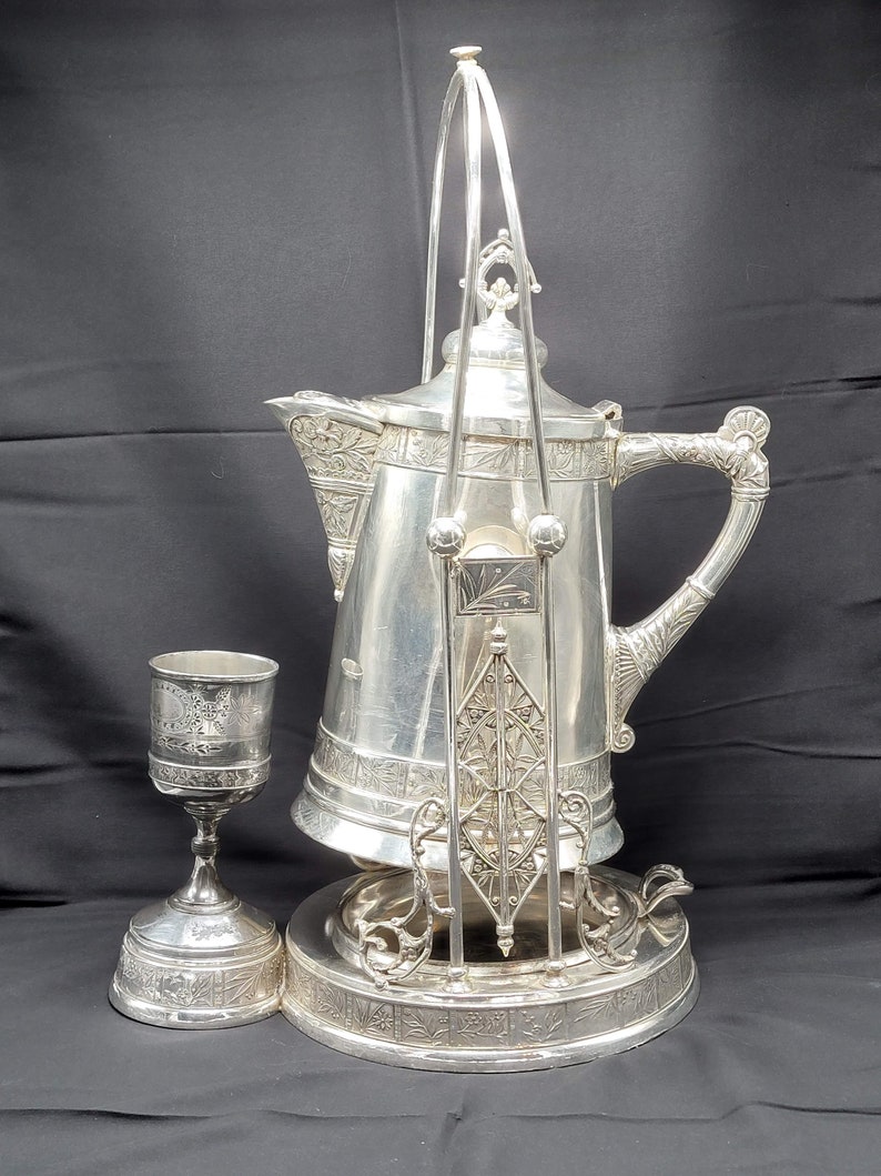 Silverplate Tilting Ice Water Pitcher & Cup Pairpoint Mfg Co. Quadruple
