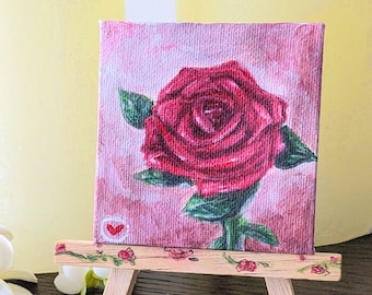 3x3 Rose Acrylic Painting, Handmade Valentine's Art Decor, Small Flower Painting on Canvas with Stand, Cute and Mini Art