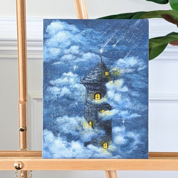 Original 6x8 Acrylic Painting of a Castle Tower in the Night Sky, Cute and Whimsical Art on Canvas Board, Fantasy Decor for Kid's Room