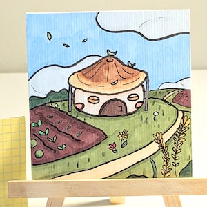 Lindo mini dibujo de casa de hongo, marcador, granja de dibujos animados de 3x3, arte cottagecore pequeño, decoración artística hecha a mano para escritorio o dormitorio, diseño caprichoso