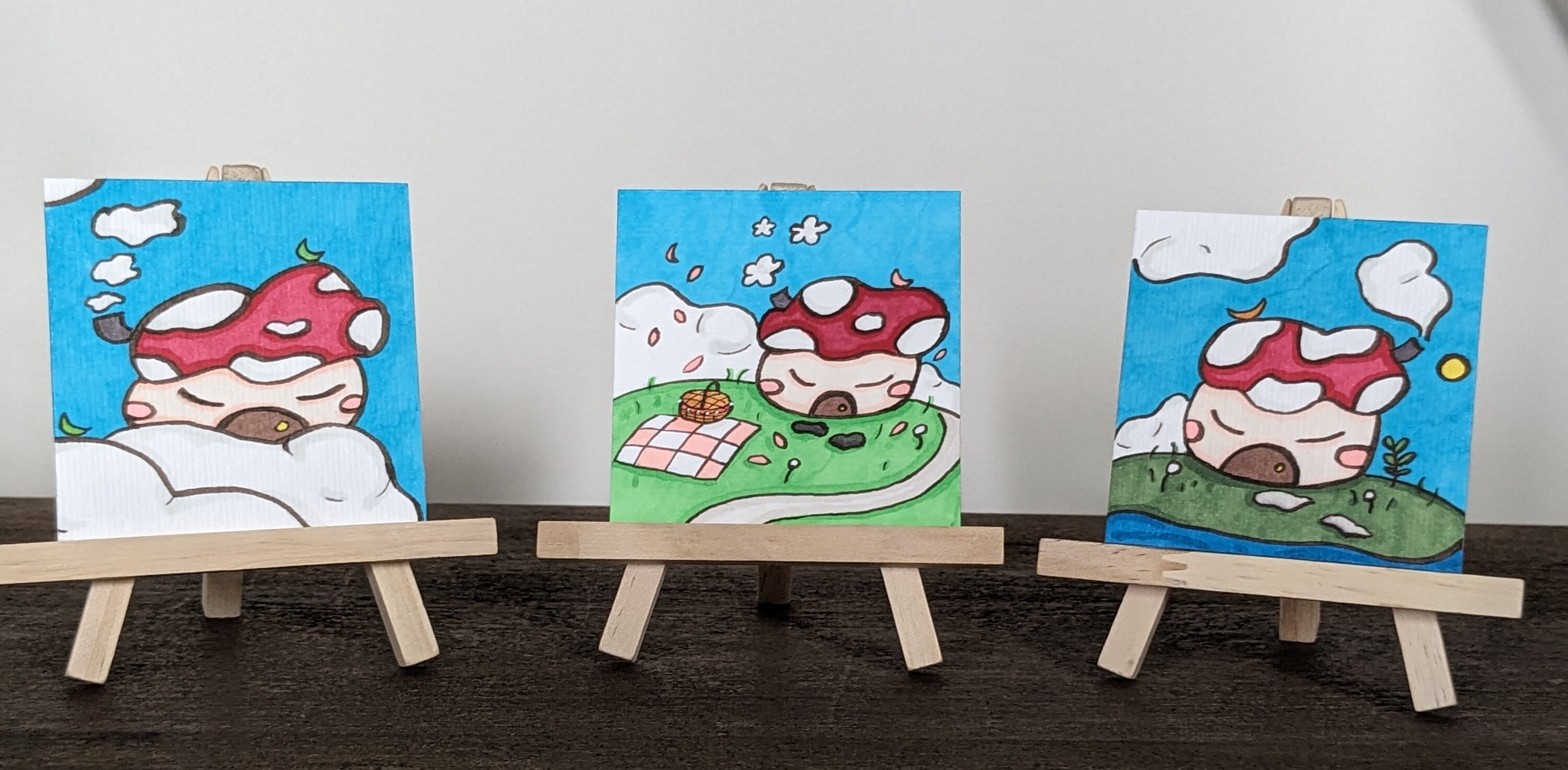 Cute Mushroom House Drawings Set of Three 3x3 Inch Marker Art