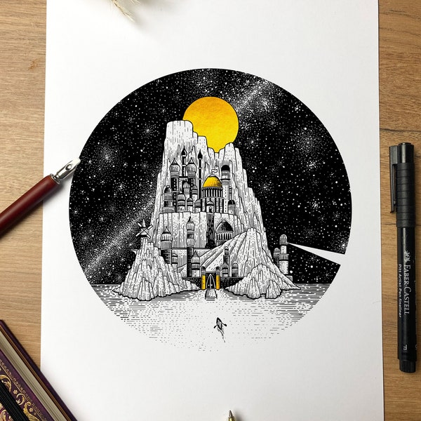 A4 Print : "The island of dreams", handmade Ink drawing, limited edition.