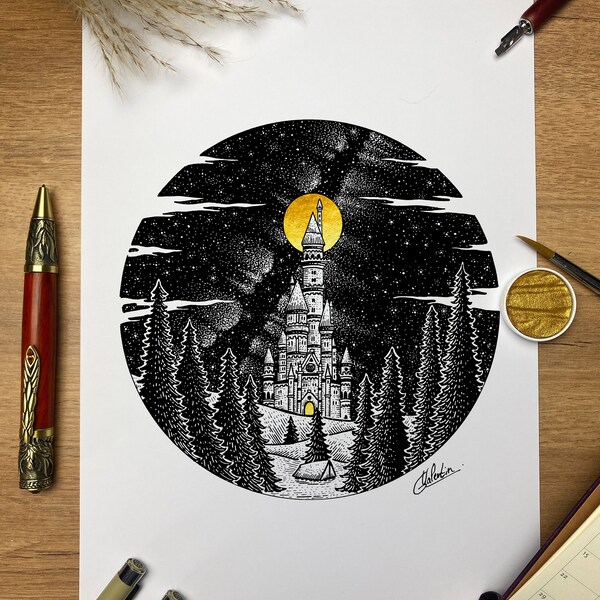 A4 Print : "Forest Castle", handmade Ink drawing, limited edition.
