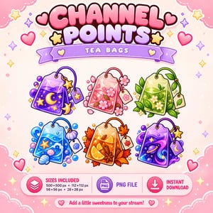 Pacchetto di punti canale con bustine di tè, simpatici punti canale Twitch, icone PNG del tè, grafica per streaming, download digitale