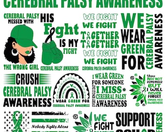 Puede incluir: Una colección de más de 10 diseños digitales para camisetas, tazas y otros productos. Los diseños presentan texto y gráficos verdes y negros relacionados con la concienciación sobre la parálisis cerebral. Algunos de los textos incluyen "We Fight Together", "Crush Cerebral Palsy Awareness" y "I Wear Green for Cerebral Palsy Awareness".