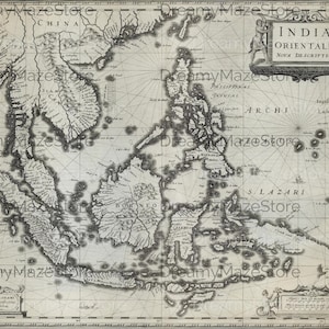 May include: An antique map of Southeast Asia and surrounding regions, including India, China, and the Philippines. The map is in black and white, with intricate details of coastlines, islands, and text labels. The title "INDIA ORIENTALIS NOVA DESCRIPTIO" is visible.