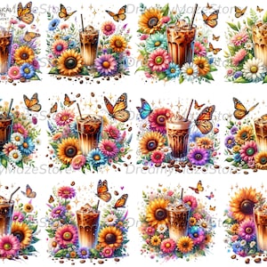 12 Bunte Blumen Eiskaffee Clipart | Aquarell Blumen und Kaffee Illustrationen | PNG-Bundle