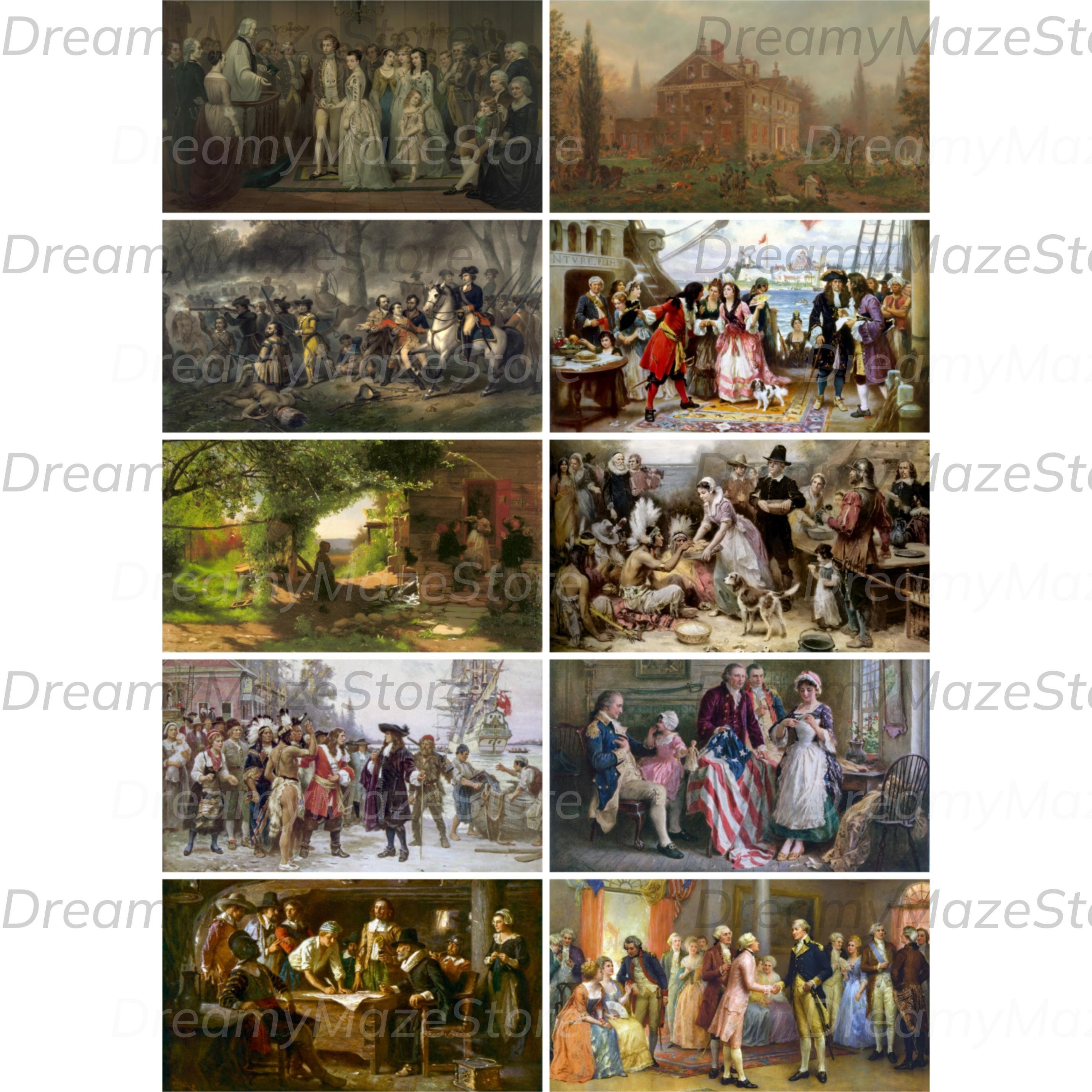 Vintage American History Paintings | Colonial and Revolutionary Era Art | 12 PNG Clipart Bundle | Historical for Commercial Use