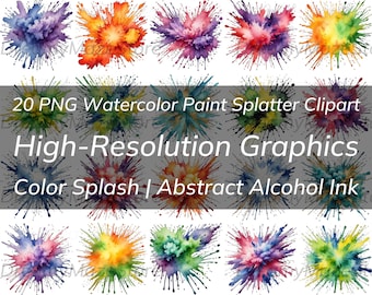 20 Watercolor Paint Splatter Clipart - Abstract Color Splash Alcohol Ink PNG - Instant Download for Commercial Use