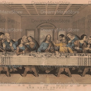 May include: A sepia-toned print of "The Last Supper" by Leonardo da Vinci. The image depicts a long table with figures seated on either side, with Jesus in the center. The table is set with plates and glasses.
