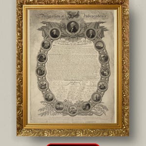 May include: A framed print of the Declaration of Independence. The document is in black and white, with ornate text and portraits of historical figures. The frame is gold with detailed carvings, and the print is from Dreamy Maze Store.