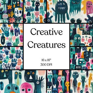 May include: A digital collage of colorful, whimsical creatures with various shapes and patterns. The collage is titled "Creative Creatures" and is 16 x 16 inches at 300 DPI.