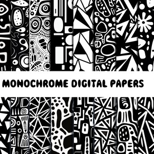 May include: Set of 10 black and white digital papers with geometric and abstract patterns. The papers are 18 inches by 25 inches and 300 DPI.