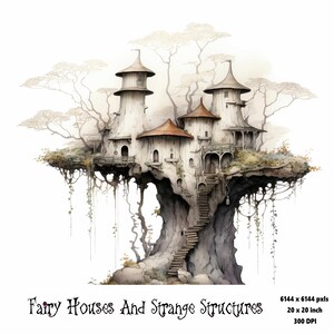 May include: A watercolor painting of a whimsical treehouse with multiple towers and a winding staircase. The treehouse is built into a large tree with vines hanging down. The painting is titled "Fairy Houses And Strange Structures".