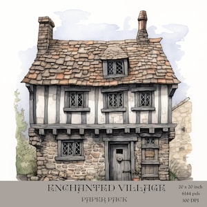 May include: A watercolor illustration of a charming, stone cottage with a thatched roof, timber framing, and multiple windows. The cottage has a wooden door with a knocker and a sign that reads "The Old Mill".