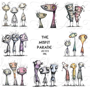 May include: A collection of whimsical, hand-drawn illustrations of quirky, stitched-together creatures. The artwork features a variety of colors, including gray, purple, and orange, with the text "THE MISFIT PARADE" in black.