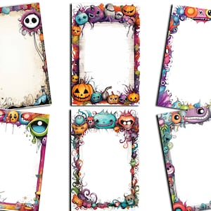 Pode incluir: Seis molduras imprimíveis diferentes com tema de Halloween com personagens de desenhos animados coloridos e abóboras. Cada moldura tem um fundo branco e um espaço em branco no centro para adicionar texto ou imagens.