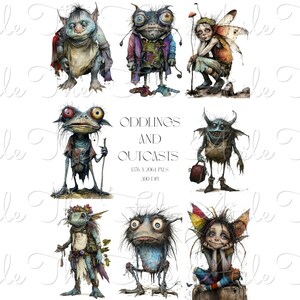 May include: A digital illustration of eight whimsical creatures with various features, including large eyes, pointed ears, and colorful clothing. The title "Oddlings and Outcasts" is displayed in the center of the image, along with the dimensions "1376 x 2064 pixels" and "300 DPI".