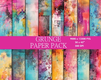 Könnte beinhalten: Ein digitales Papierpaket mit 10 bunten abstrakten Grunge-Texturen. Die Texturen sind in Schattierungen von Rosa, Blau, Gelb, Orange und Grün. Das Papierpaket ist 9000 x 13500 Pixel, 30 x 45 Zoll und 300 DPI.