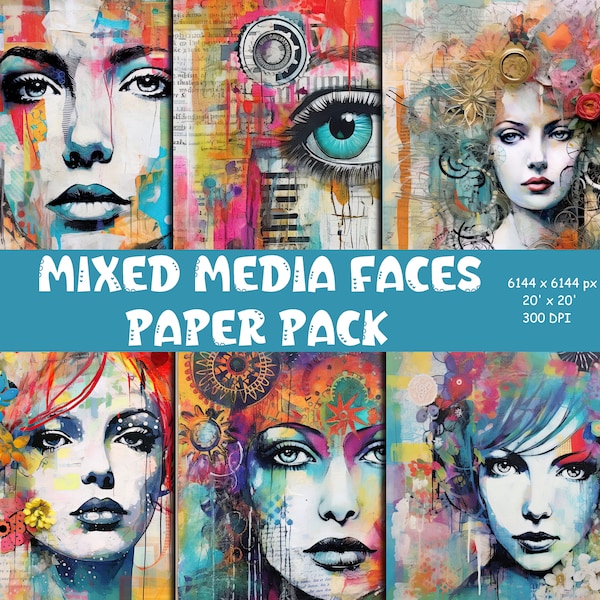 Mixed media faces digital paper pack