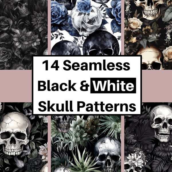 Black Skull Seamless Pattern Bundle, Watercolor, Digital Paper, Occult Art,Skeleton and Flowers Repeat Pattern,Gothic,PNG,Instant Download