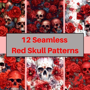Red Skull Seamless Pattern Bundle, Watercolor, Digital Paper, Occult Art,Skeleton and Flowers Repeat Pattern,Vintage,PNG,Instant Download