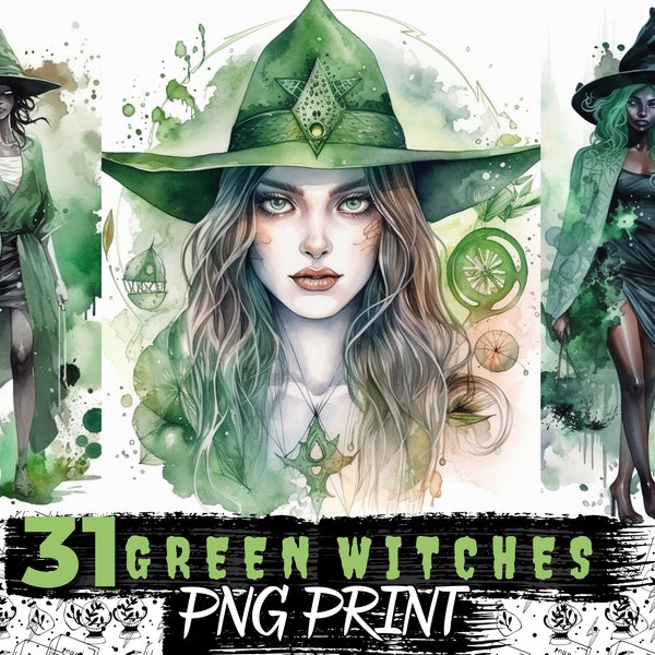 Green Witch Clipart Bundle,Watercolor Witch PNG Set,Mythical Pagan Witchcraft,Instant Download Files,Commercial Use Digital Art,Paper Crafts