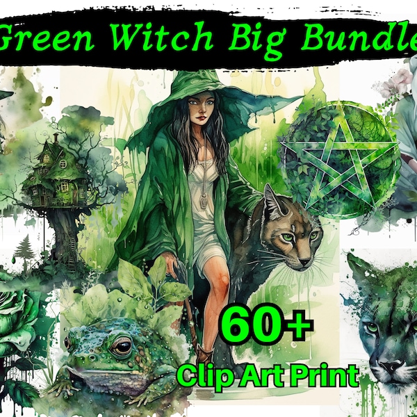 Green Witch Clipart Big Bundle,Watercolor Witch Items PNG Set, Mythical Pagan Witchcraft, Instant Download Files, Commercial Use Digital Art