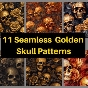 Goldener Schädel Musterdesign, Aquarell, digitales Papier, Gothic Clipart, Skelett und Blumen Rapport, PNG, Sofort Download