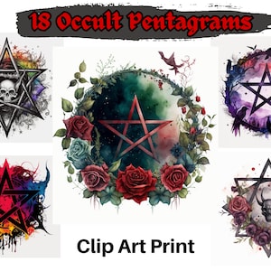 Pacote de clipart de pentagrama oculto, PNG aquarela, download instantâneo, arte digital de bruxa oculta, pagão, clipart wiccan, uso comercial, gótico
