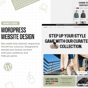 A digital mockup of a modern WordPress website displayed on a desktop screen with a clean, minimal layout. Features include a bold “20% OFF” discount badge, icons for fast delivery and custom design, and callouts for 5-page responsive setup. The image emphasizes professional, sleek design with smooth textures and white space that reflects premium service quality.