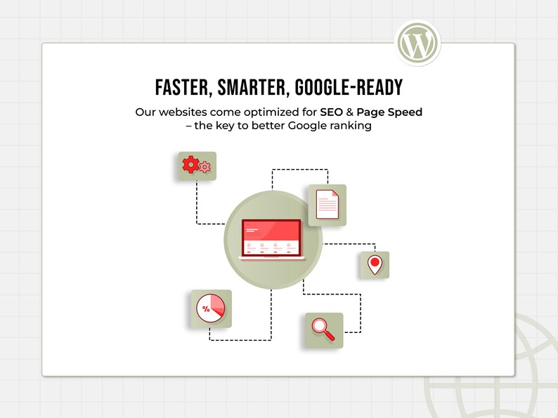 A high-impact digital graphic featuring a speed gauge, SEO icon, and upward graph, visually highlighting fast-loading and Google-optimized WordPress websites. The layout promotes smarter design, higher rankings, and better site performance. Ideal for businesses needing SEO-friendly websites that load quickly and rank higher on search engines. WordPress Theme, Elementor Website Template, Business Theme for Coaches, Marketing Agency, Ecommerce Website, Sales Page, Portfolio, Custom wordpress
