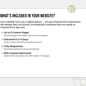 A professional website design preview with a sleek WordPress mockup showing what’s included in the service—5 custom pages, responsive design, SEO and speed optimization, and 2–4 day delivery. Visual includes a 20% OFF badge and clear service highlights on a minimal, modern background. Ideal for showcasing a full WordPress website package for small businesses. wordpress website design, custom wordpress site, website design service, wordpress speed optimization, wordpress developer