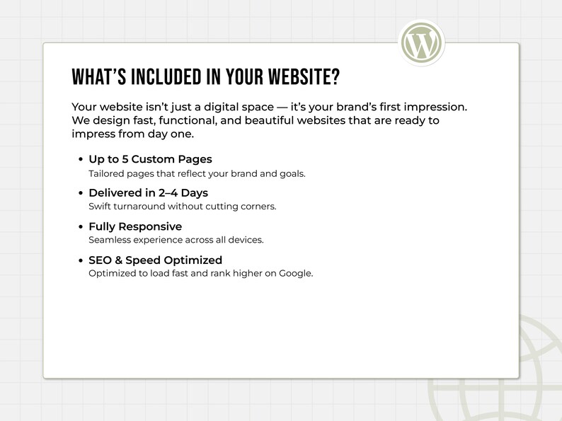 A professional website design preview with a sleek WordPress mockup showing what’s included in the service—5 custom pages, responsive design, SEO and speed optimization, and 2–4 day delivery. Visual includes a 20% OFF badge and clear service highlights on a minimal, modern background. Ideal for showcasing a full WordPress website package for small businesses. wordpress website design, custom wordpress site, website design service, wordpress speed optimization, wordpress developer