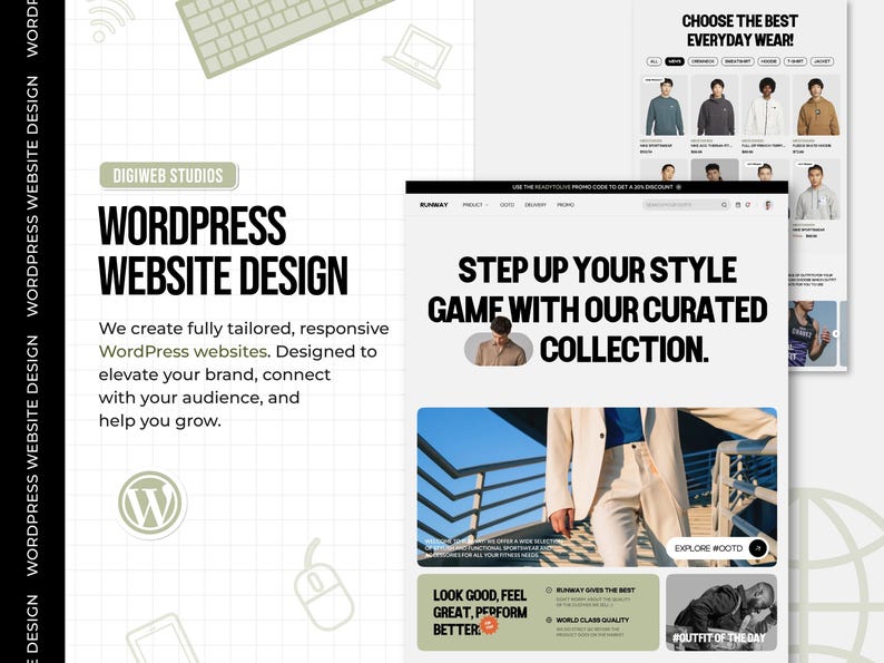 A digital mockup of a modern WordPress website displayed on a desktop screen with a clean, minimal layout. Features include a bold “20% OFF” discount badge, icons for fast delivery and custom design, and callouts for 5-page responsive setup. The image emphasizes professional, sleek design with smooth textures and white space that reflects premium service quality.