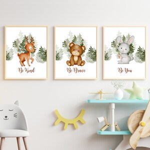 Woodsy Nursery Print Set Of 3, Deer, Bear, Bunny,Woodland Creatures, Forest Themed Nursery, Green Nursery, Nature Nursery Print, Neutral