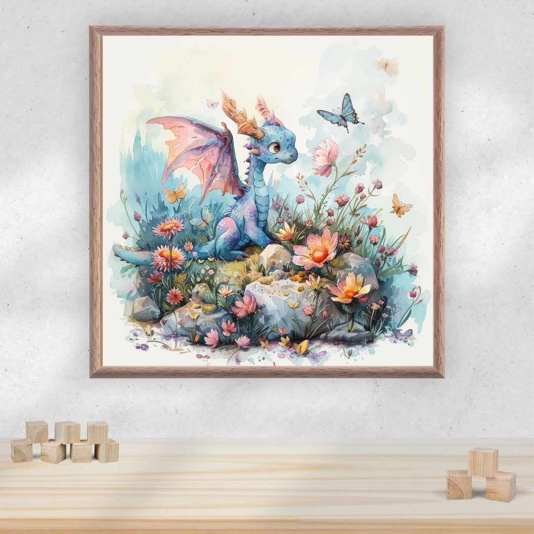Colorful Dragon Wall Art - Cute Baby Dragon Wall Art - With Flower and ...
