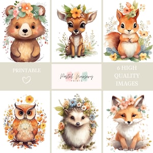 Baby Animals with Floral Crowns - Set Of 6 Printables - Adorable Woodland Nursery - Decor For Girls - Nursery Prints - Girl Nursery Wall Art
