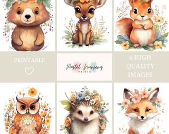 Stampe di corone floreali con cuccioli di animali – Arte per bambini nel bosco (download digitale)