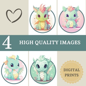 Baby Dragon Prints, Set of 4, DIY Nursery Decor, Mythical Creatures, Nursery Art, Dragon Wall Art, Fantasy Print, Prints For Kids