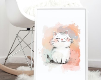 Lámina de gatito adorable para habitación infantil: Arte mural de acuarela (descarga digital)