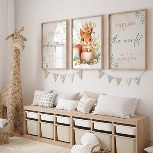 Cute Forest Nursery Print, 3 High Quality Prints, Squirrel Wall Art For Kids, Squirrel Printable, Nursery Wall Hangings, Girl Room Decor