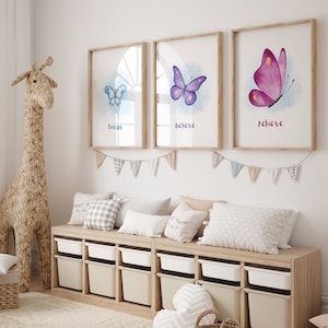 Butterfly Art Print, Butterfly Decor, Purple Blue Pink Art, Baby Girl Room Decor, Kids Illustration, Set of 3 Prints, Watercolor Butterfly