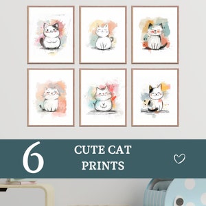 6er Set Katzen Wanddrucke - Katzenliebhaber Dekoration - Baby Mädchen Kinderzimmer Dekorationen - Katze druckbar - Bunter Hintergrund -Digitaldruck Art