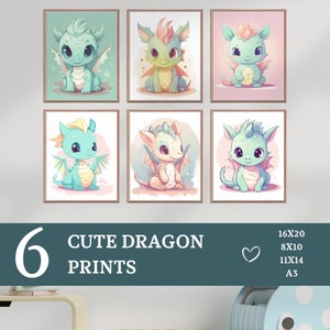 Set of 6 Baby Dragon Nursery Prints – Fairytale-Inspired Kids Wall Art – Printable Pastel Decor for Baby’s Room – Fantasy Nursery Collection