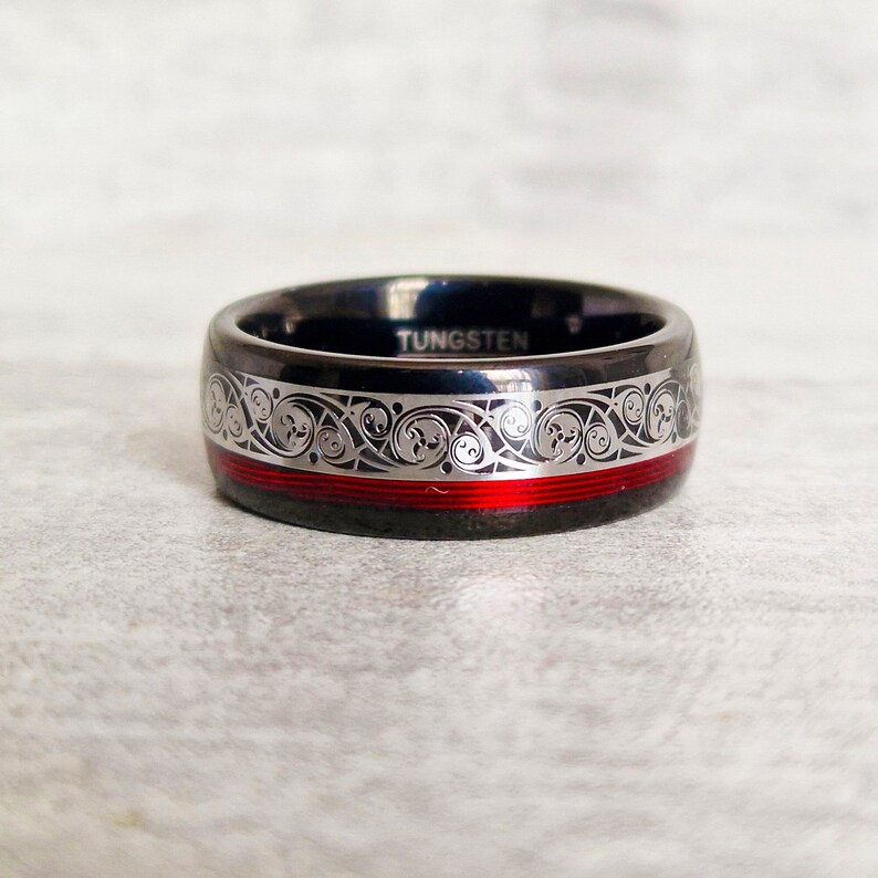 Tungsten Carbide Ring With Red Spiral Piano Thread & Steel Plating