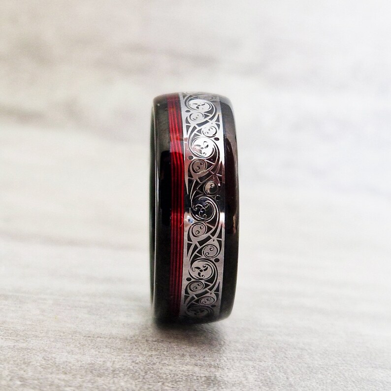 Tungsten Carbide Ring With Red Spiral Piano Thread & Steel Plating